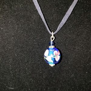 Blue Floral Glass Pendant Necklace
